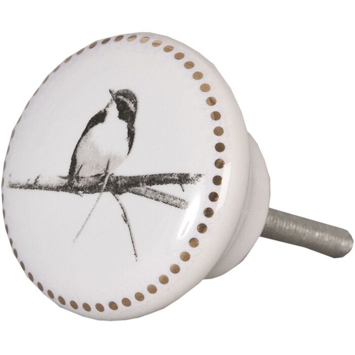 Clayre & Eef 62344 Дверная ручка Ø 4 см бело-серая керамика Птицы круглые