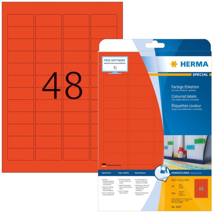 HERMA Etiketten A4 rot 45,7x21,2 mm Papier matt 960 Stück selbstklebend