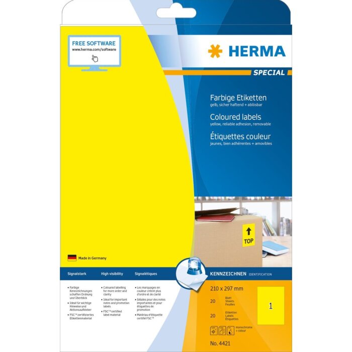 HERMA Etiketten A4 gelb 210x297 mm Papier matt 20 Stück selbstklebend