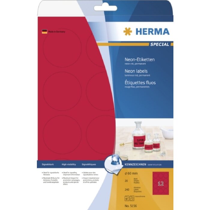 HERMA 5156 Etiketten A4 Neonrot 60mm rund Papier matt 240 Stück