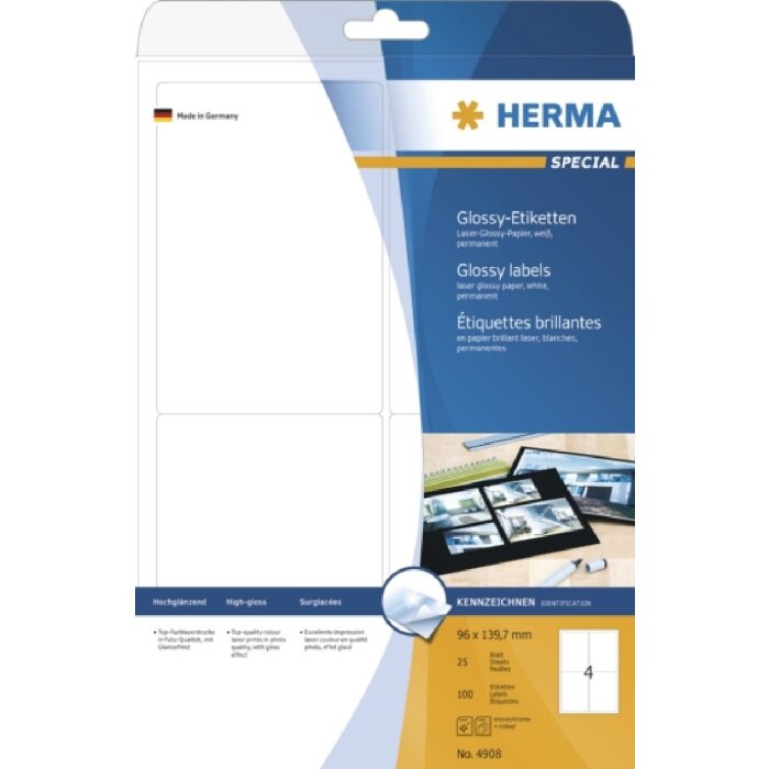 HERMA 4908 Etiketten A4 weiß 96x139,7 mm glänzend 100 Stück