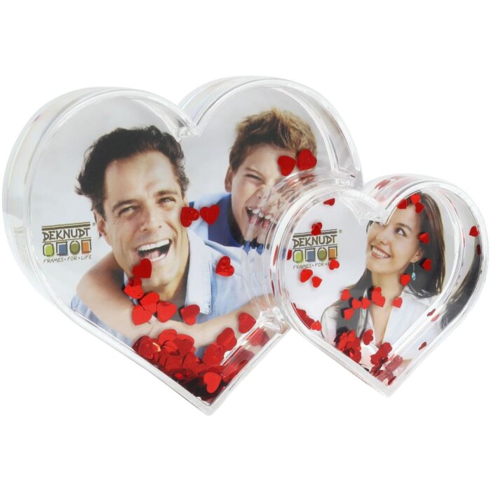 Doppeltes Fotoherz in Acryl mit roten Glitzerherzen