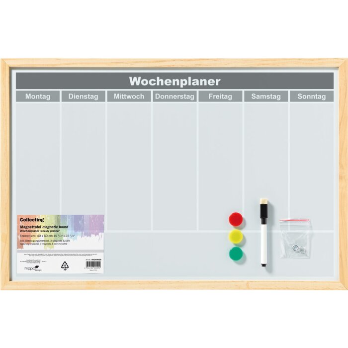 Walther Magnettafel-Wochenplaner 40x60 cm Holzrahmen naturweiß beschreibbar