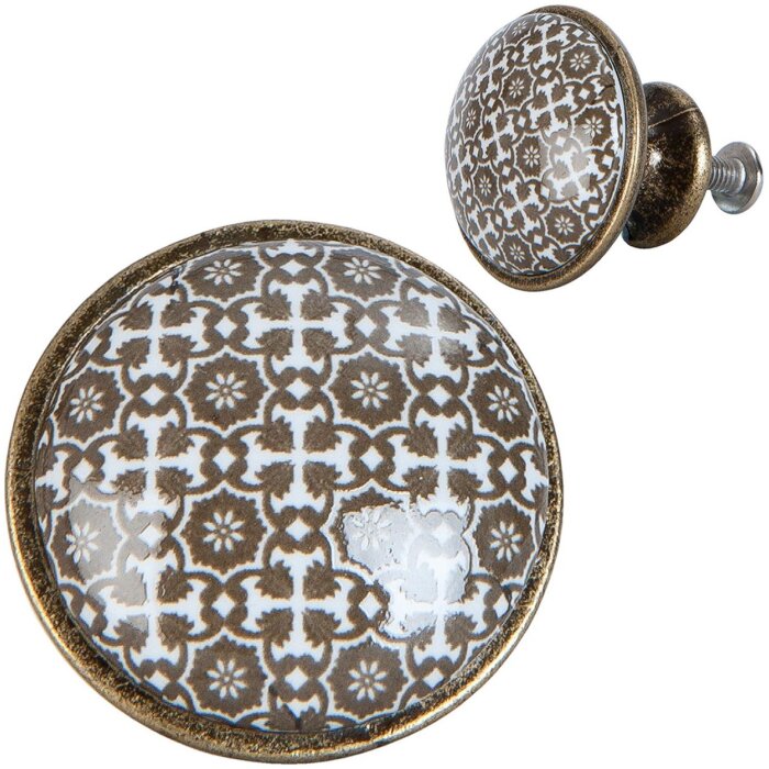 Clayre & Eef 63423 Дверная ручка Ø 2 см коричнево-белая керамика Цветы круглые