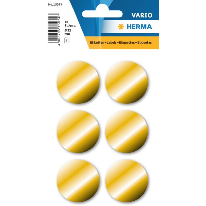 Золотые наклейки Herma DECOR диаметром 32 мм, постоянное склеивание