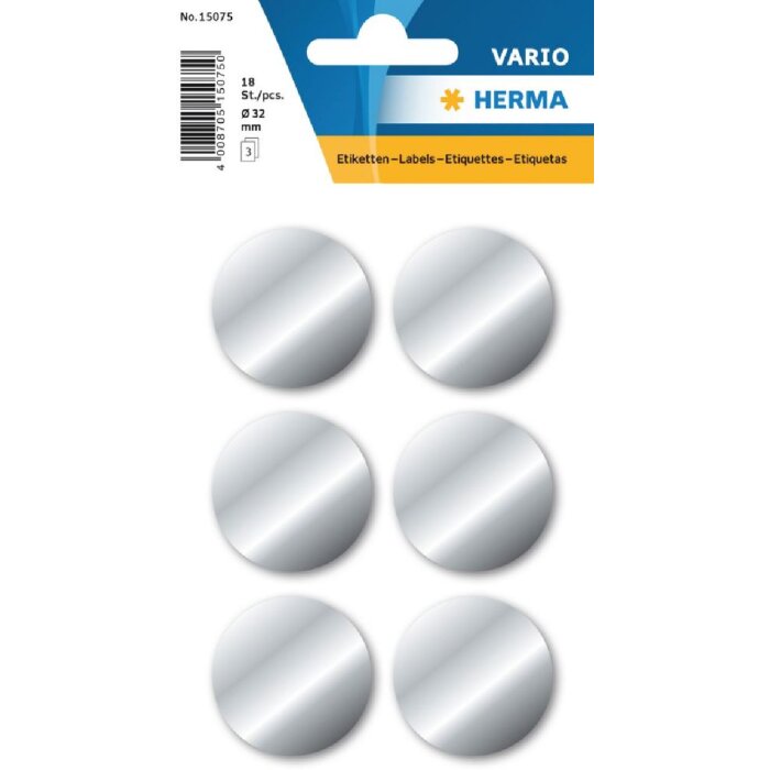 Серебряные декоративные наклейки Herma DECOR Ø 32 мм, с постоянным клеем