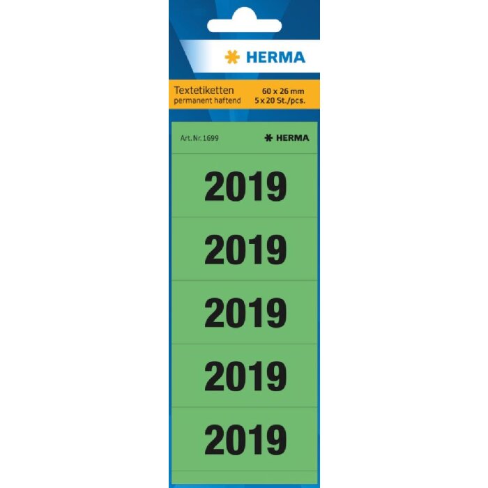 Цифры года 2019 для папок Herma, 60 x 26 мм, зеленые, перманентный клей