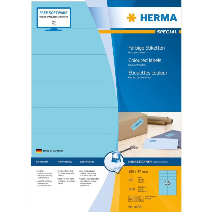 HERMA Etiketten A4 blau 105x37 mm Papier matt 1600 Stück