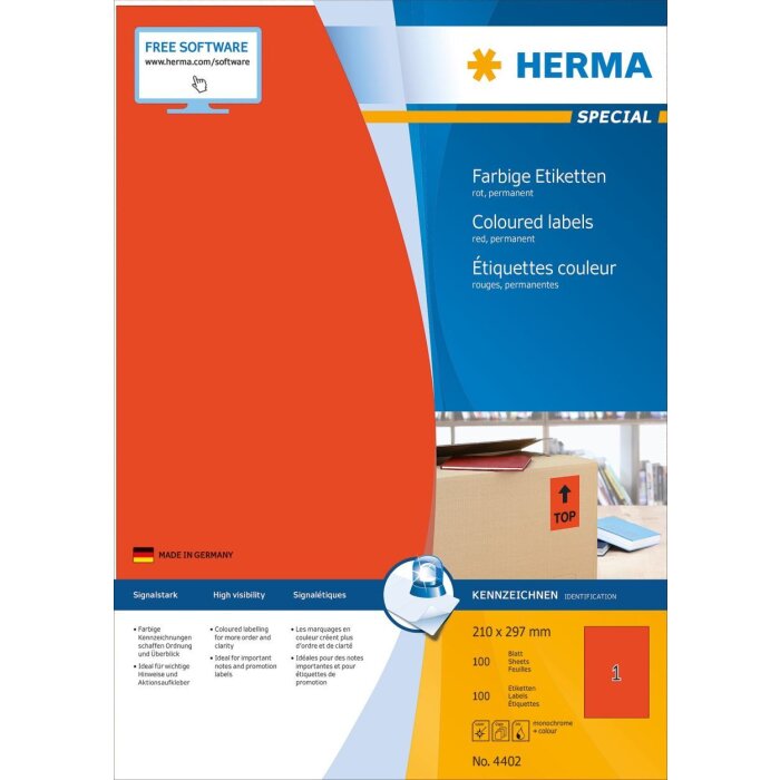 HERMA Etiketten A4 rot 210x297 mm Papier matt 100 Stück