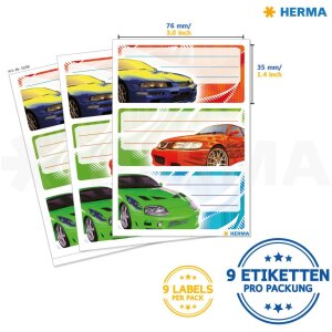 HERMA VARIO Schul-Etiketten TUNING 3 Blatt Rennautos 16x9cm