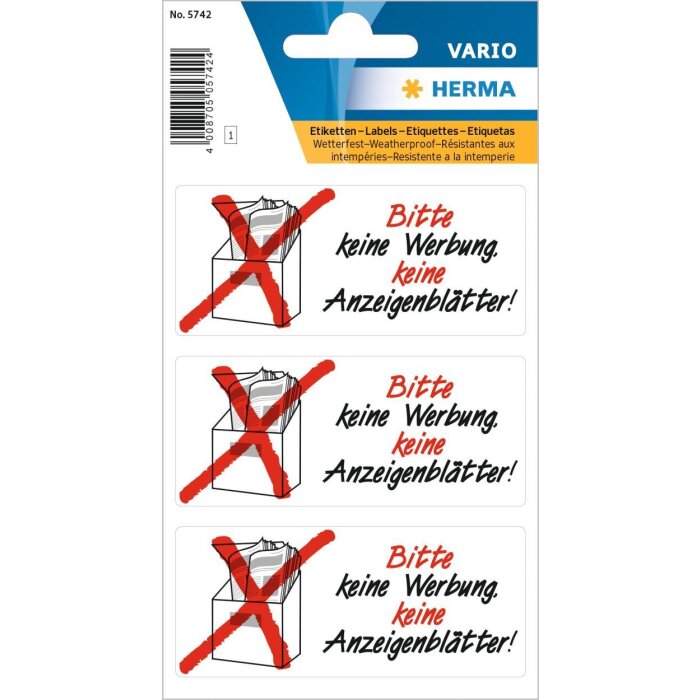 HERMA Hinweisetiketten Keine Werbung Anzeigenblatt wetterfest 1 Blatt