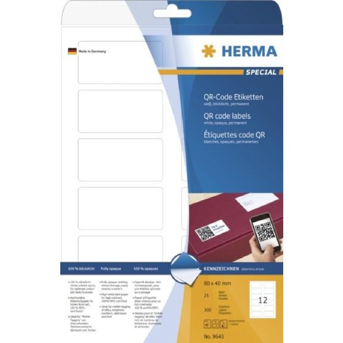 HERMA QR-CODE ETIKETTEN A4 80x40 mm weiß blickdicht 300 Stück