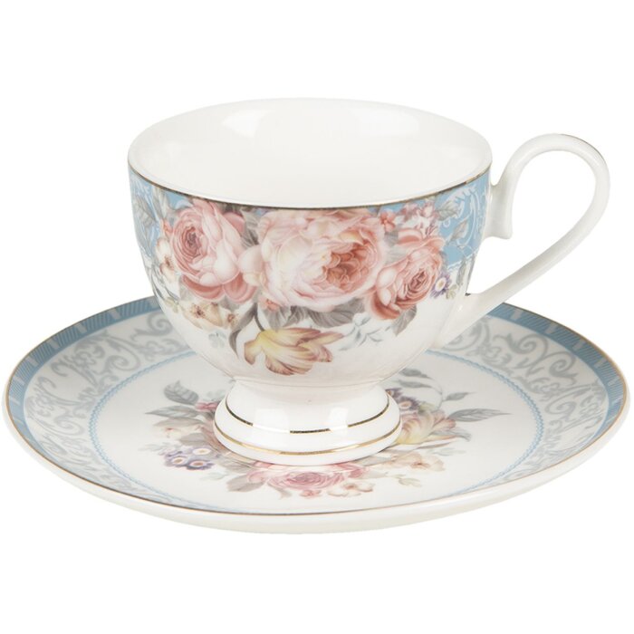 Clayre & Eef PECKS-2 Кофейная чашка с блюдцем Белая, голубая 200 мл