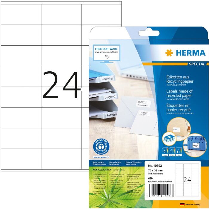 HERMA 10703 Etiketten Recyclingpapier A4 70x36mm weiß permanent