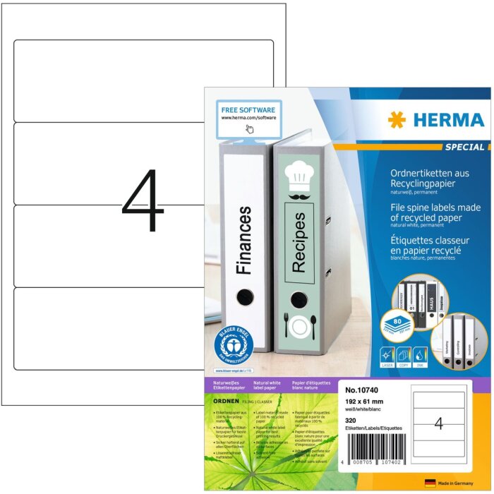 HERMA 10740 Ordneretiketten A4 192x61mm weiß permanent Recyclingpapier