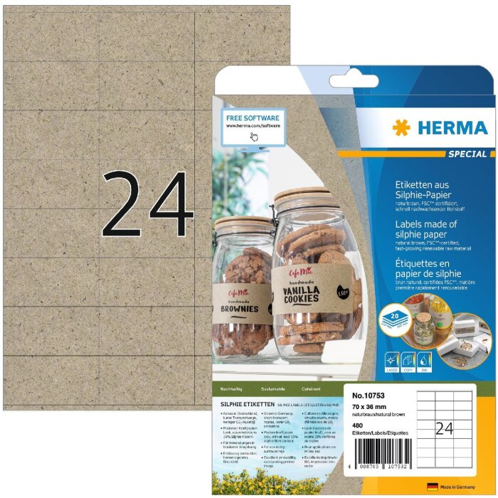 HERMA 10753 Etiketten Silphie-Papier 70x36mm naturbraun permanent 480 Stück