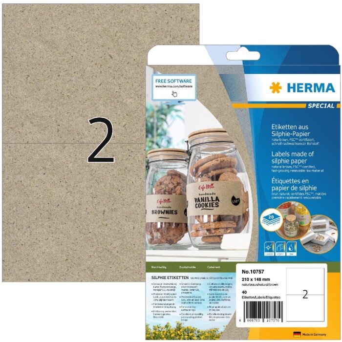 HERMA 10757 Etiketten Silphie-Papier A4 210x148mm naturbraun permanent 40 Stk