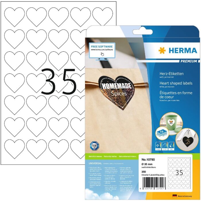 HERMA 10790 PREMIUM Herz-Etiketten A4, Ø 35 mm, weiß, permanent haftend