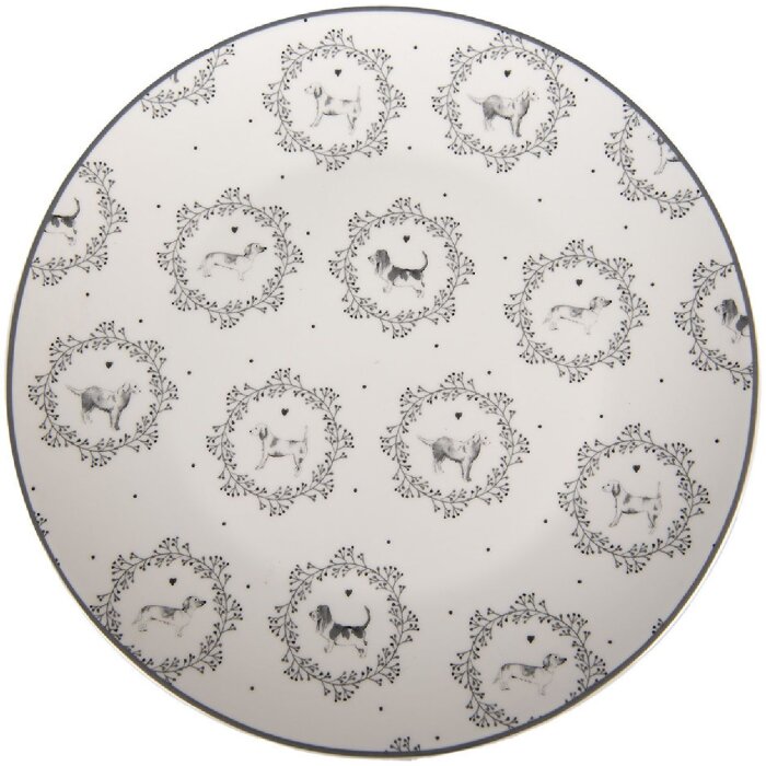 Clayre & Eef LGDDP Kleiner Teller Hundemotiv Porzellan Weiß Grau Ø 20x2 cm