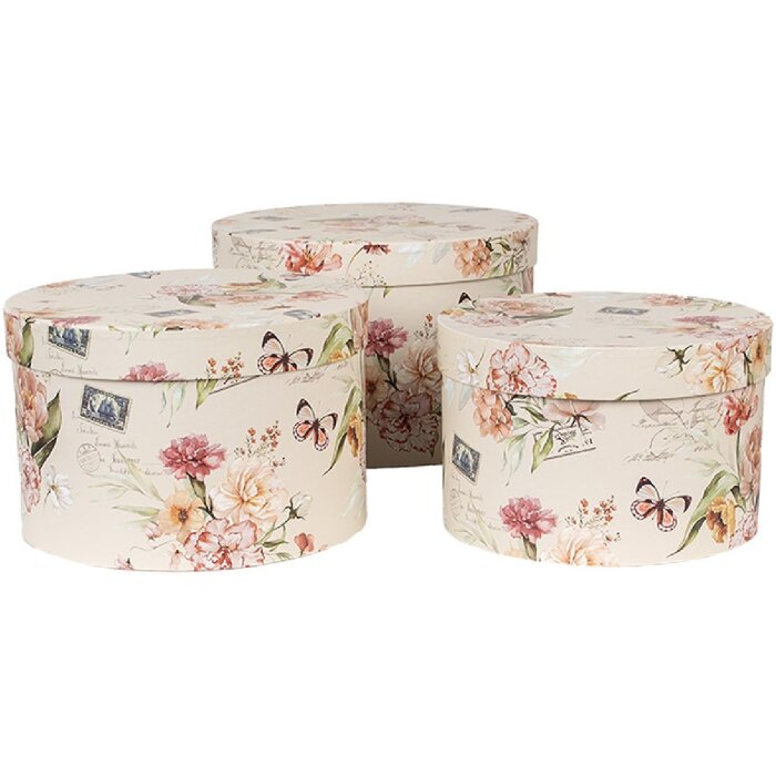 Clayre & Eef 66005 Hutschachtel-Set 3-teilig Blumenmuster Beige Ø24/22/21 cm