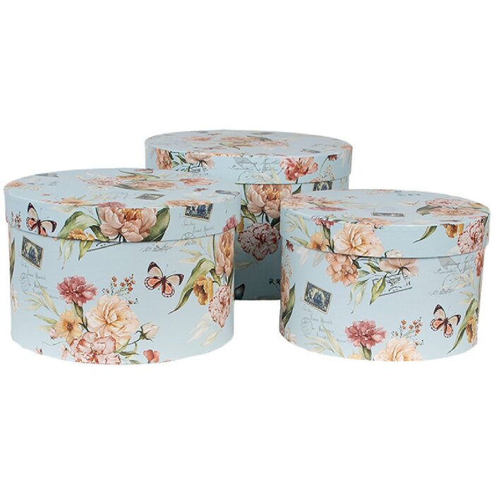 Clayre & Eef 66006 Шляпная коробка Набор из 3 синих цветочных дизайнов Ø 24/22/21 см