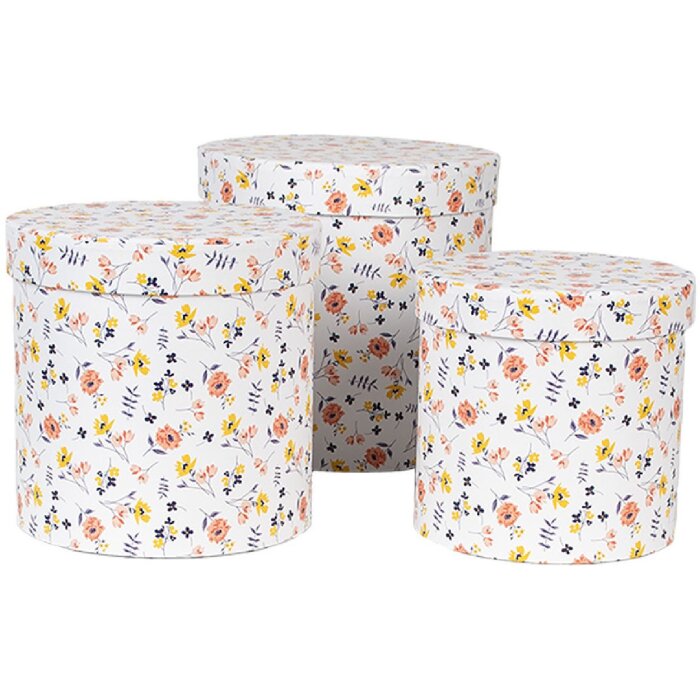 Clayre & Eef 66007 Hutschachtel Set 3er rund Blumendesign Weiß 19/17/15 cm