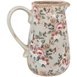Clayre & Eef 6CE1965M Keramikkrug Grau Rosa Blüten 16x12x18 cm Landhausstil