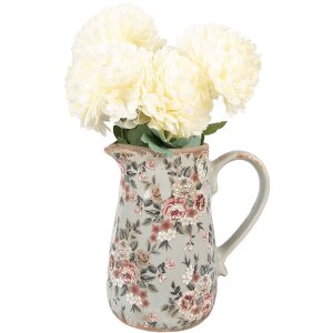 Clayre & Eef 6CE1965M Keramikkrug Grau Rosa Blüten 16x12x18 cm Landhausstil