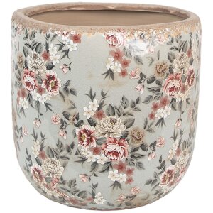 Clayre & Eef 6CE1966XL Blumentopf Keramik Grau Rosa Blumen Ø 19x18 cm