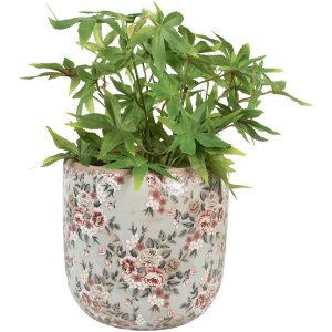 Clayre & Eef 6CE1966XL Blumentopf Keramik Grau Rosa Blumen Ø 19x18 cm