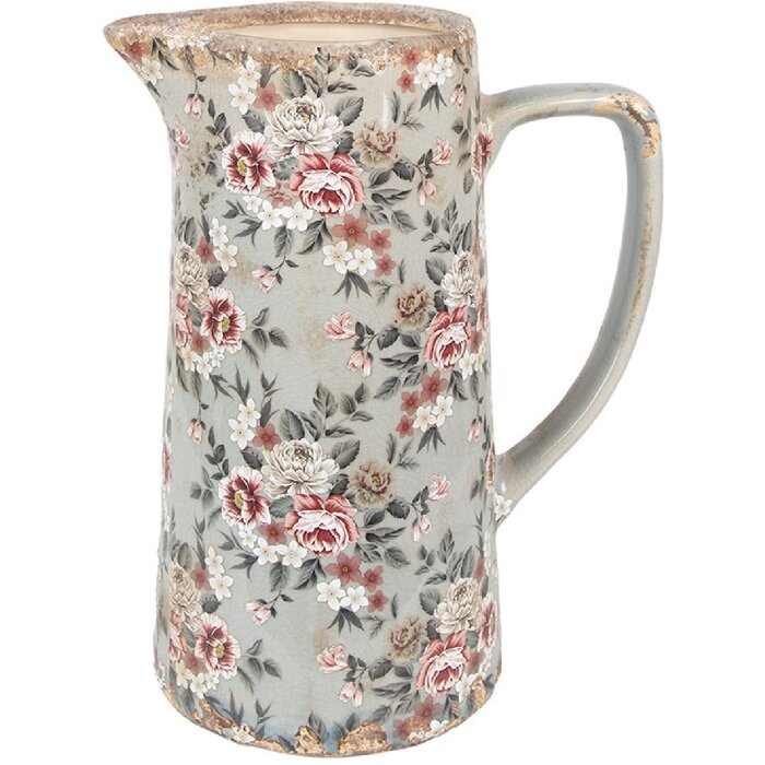 Clayre & Eef 6CE1971L Декоративный кувшин керамический серо-розовые цветы 21x14x26 см