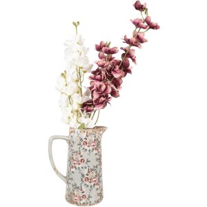 Clayre & Eef 6CE1971L Декоративный кувшин керамический серо-розовые цветы 21x14x26 см