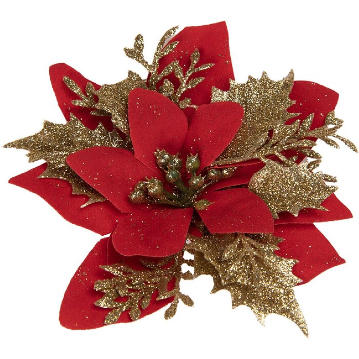Clayre & Eef 65777 Weihnachtsdeko Blume Rot Gold Ø 14x5 cm