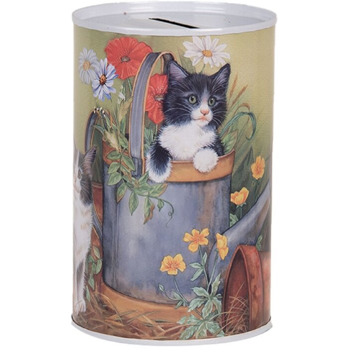 Clayre & Eef 6BL0168 Шкатулка для денег с изображением кошки Ø 8x13 см в стиле кантри