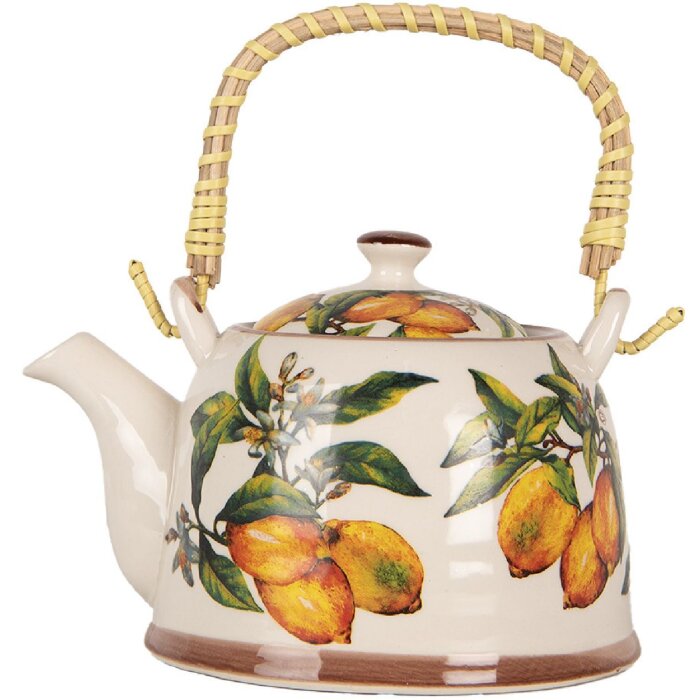 Clayre & Eef 6CETE0174 Teekanne Keramik Weiß Gelb 800 ml Retro