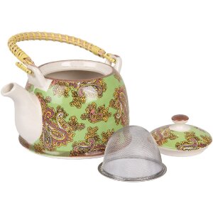 Clayre & Eef 6CETE0176 Teekanne Keramik Grün Rot 800 ml Retro Vintage