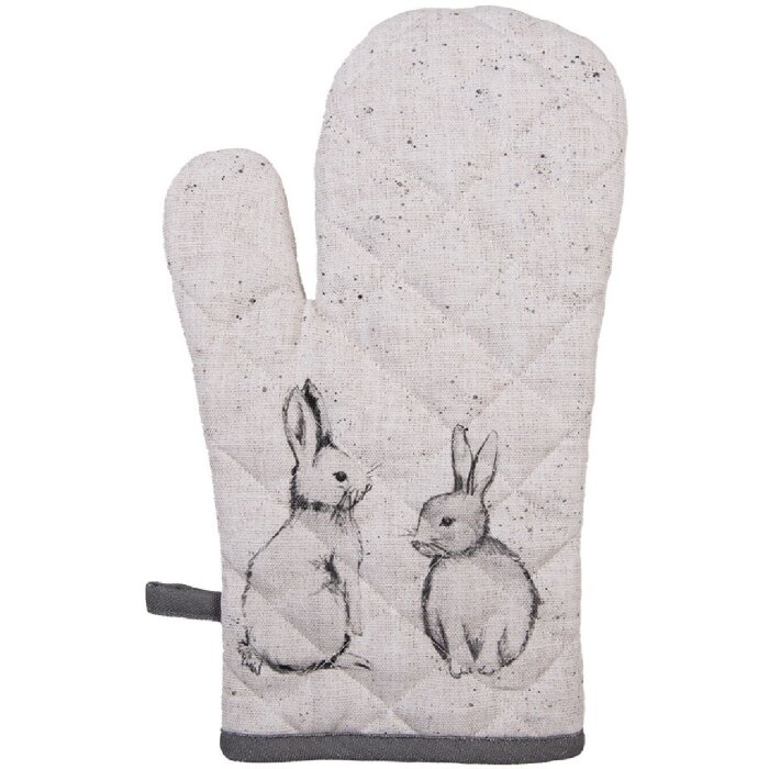 Clayre & Eef BNS44 Ofenhandschuh 18x30 cm Beige Grau Hasenmotiv Baumwolle