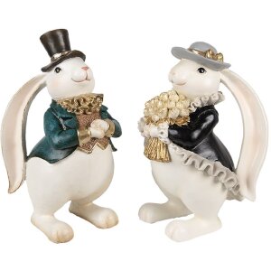 Clayre & Eef Deko-Kaninchen Hasenfigur Weiß Blau 14x13x23 cm Polyresin