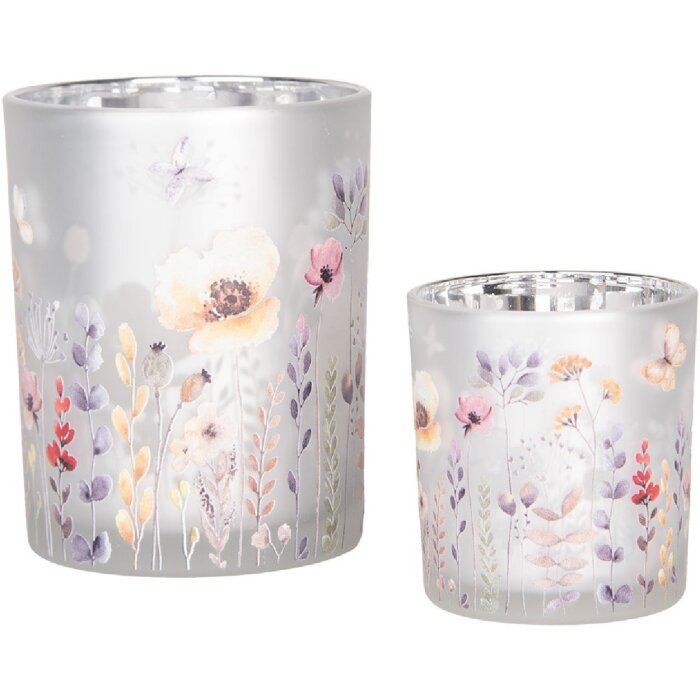 Clayre & Eef 6GL4982 Teelichthalter Set 2tlg Glas Grau Gelbtöne Floral