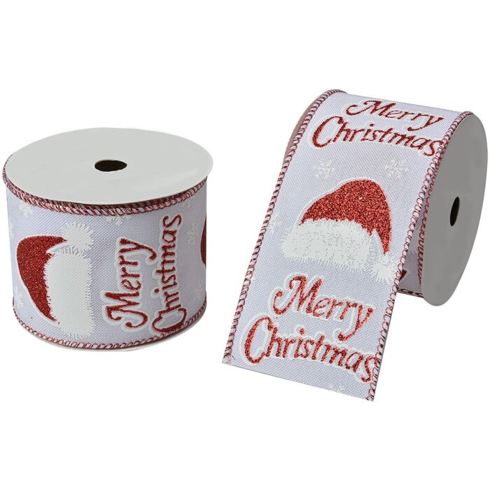 Clayre & Eef LI0134 Weihnachtsschleife Weiß Rot 6,3 cm x 5 m