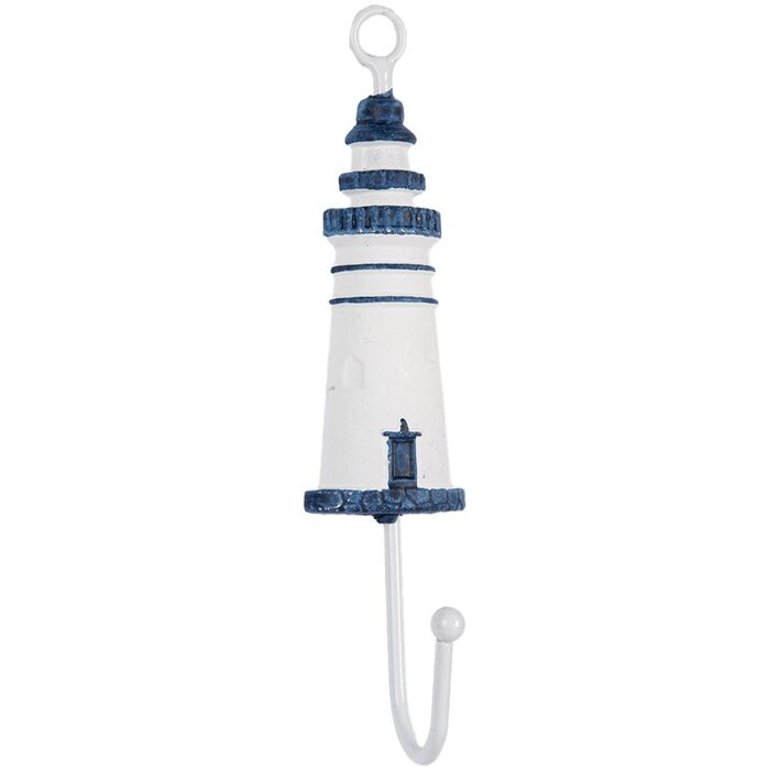 Clayre & Eef 66070BL Wandhaken Leuchtturm Metall Holz Weiß Blau 4x4x18 cm