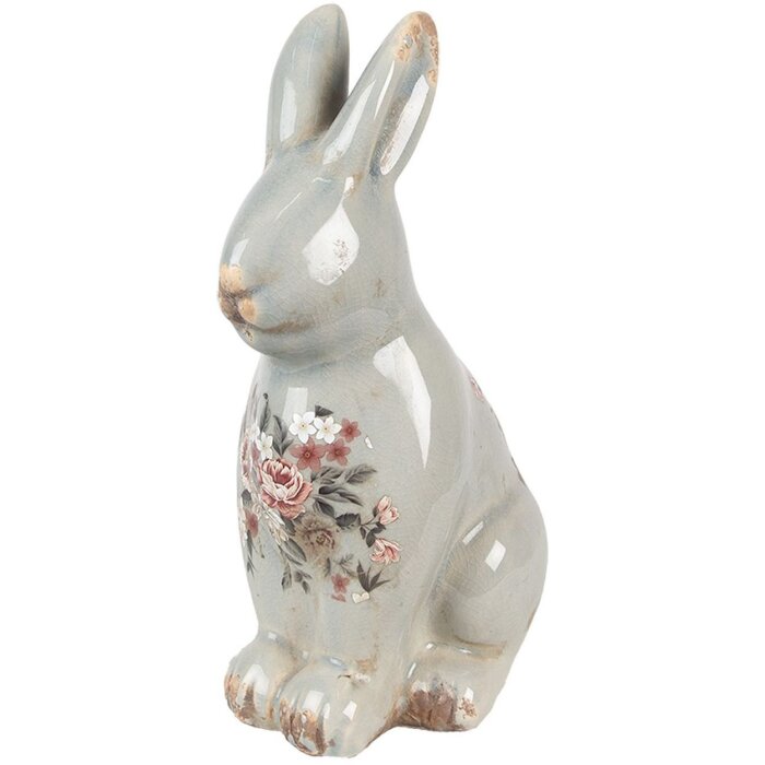 Clayre & Eef Deko-Kaninchen Keramik Grau Rosa 16x12x27 cm Landhausstil