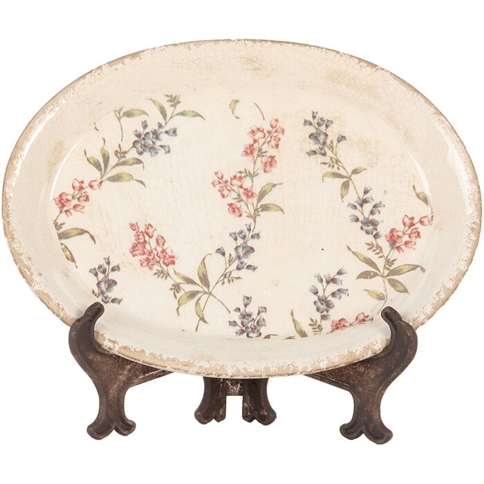 Clayre & Eef Dekorationsteller Keramik Beige Rosa 25x18 cm Vintage Stil