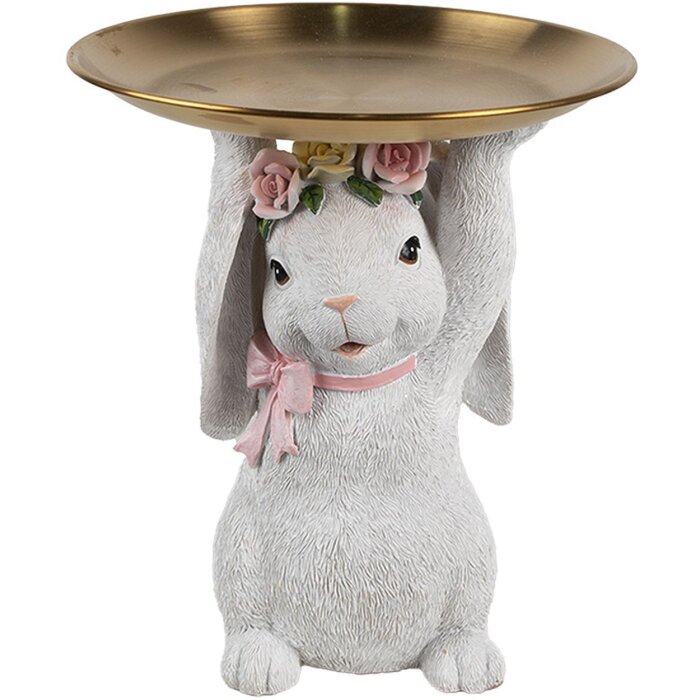 Clayre & Eef Dekoration Kaninchen mit Schale Weiß Gold Ø 21 cm Polyresin