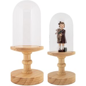 Стеклянная банка-колокол Clayre & Eef на деревянном основании Ø14x34 см прозрачная коричневая в стиле кантри