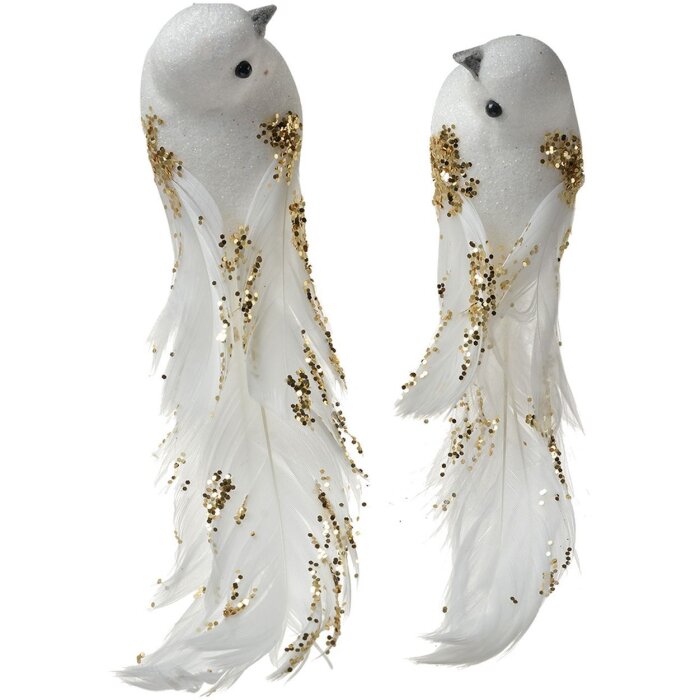 Clayre & Eef Декоративная птица Набор из 2 белых золотых 15x8x5 см пластик глиттер