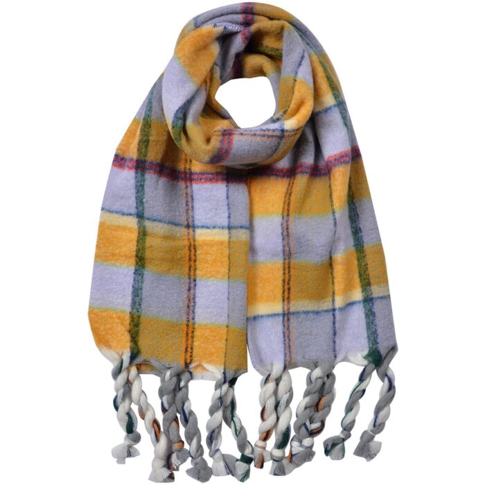 Juleeze JZSC0824Y Шарф клетчатый желто-фиолетовый 50x200 см Женская бахрома