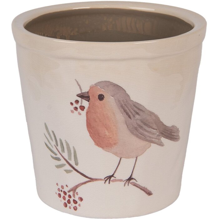Цветочный горшок Clayre & Eef с птицей, бежево-коричневый, Ø17x16см, в деревенском стиле