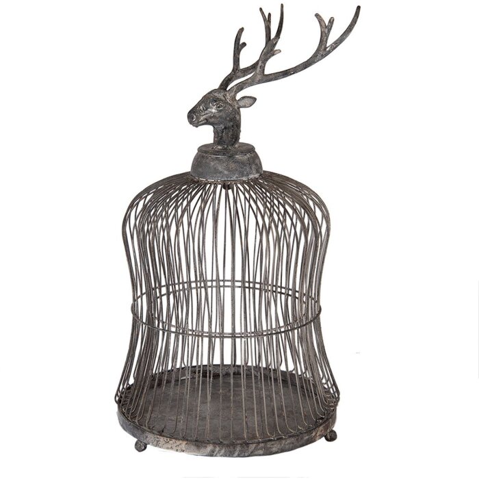 Clayre & Eef Dekorativer Vogelkäfig Hirschkopf Antik-Grau Ø26x50cm Vintage