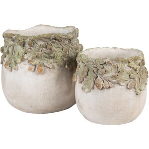Clayre & Eef Blumentopf Eichenlaubrelief Ø15x13 cm Beige Grün Stein
